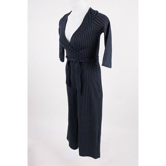 Bershka Women's Jumpsuit Small Navy Blue Striped Belted Wide Leg  NWT 8746/326 - Picture 4 of 7